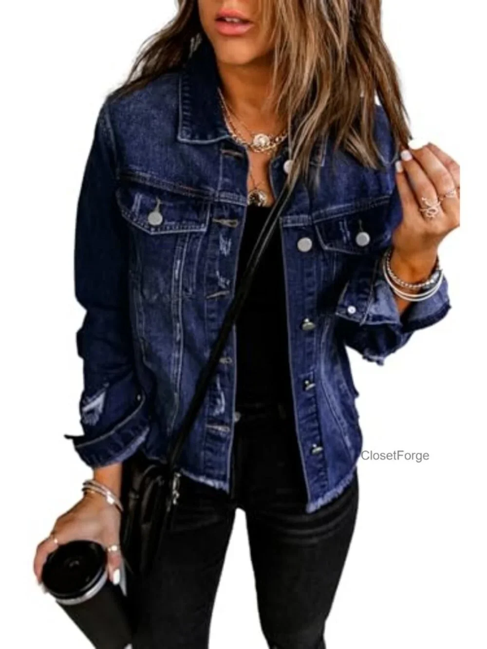 Distressed Oversized Denim Jacket Long Sleeve Button Down